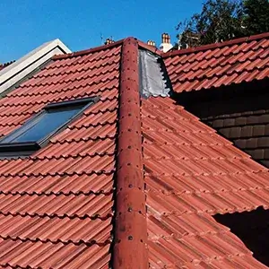 A red tiled roof with a skylight on top of it.
